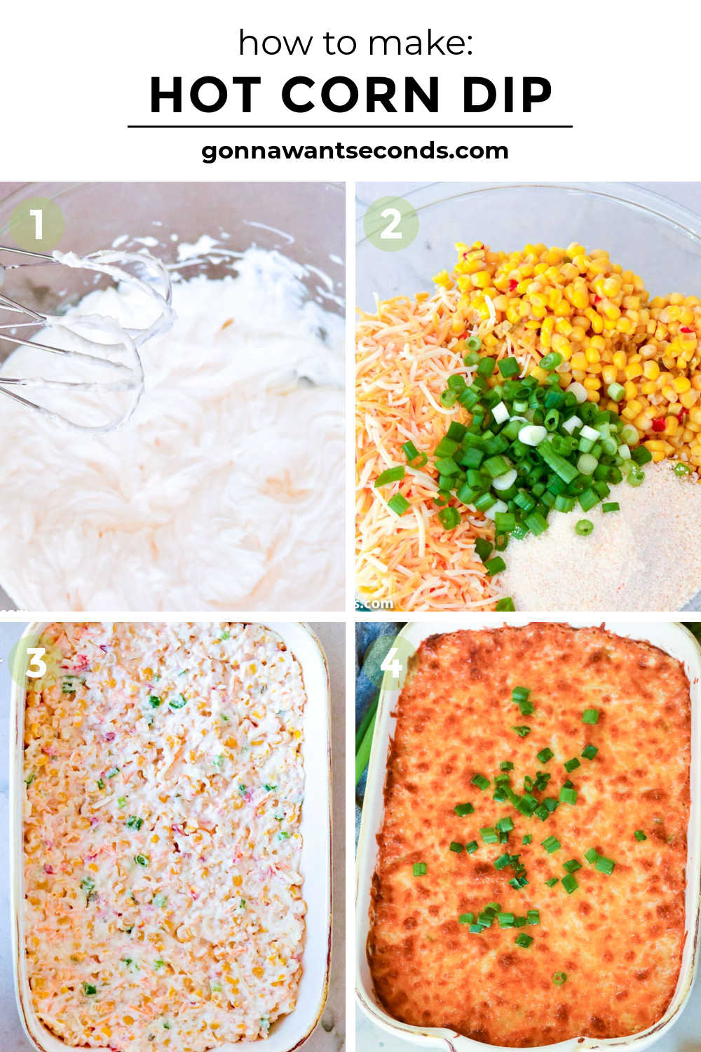 Three kinds of cheese come together with sweet corn and zesty peppers in this hot corn dip recipe! This is the dip your chips want to be dunked in. #corndip #dips #appetizers Step By Step How To make Hot Corn Dip