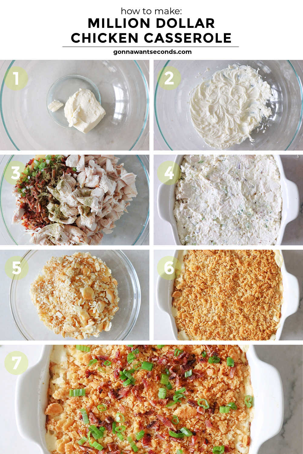 This million dollar chicken casserole is smothered in creamy cheesy sauce, studded with bacon, and topped with buttery Ritz crackers! A true comfort food. #chickencasserole #chickenrecipes #casserolerecipes Step by step how to make million dollar chicken casserole