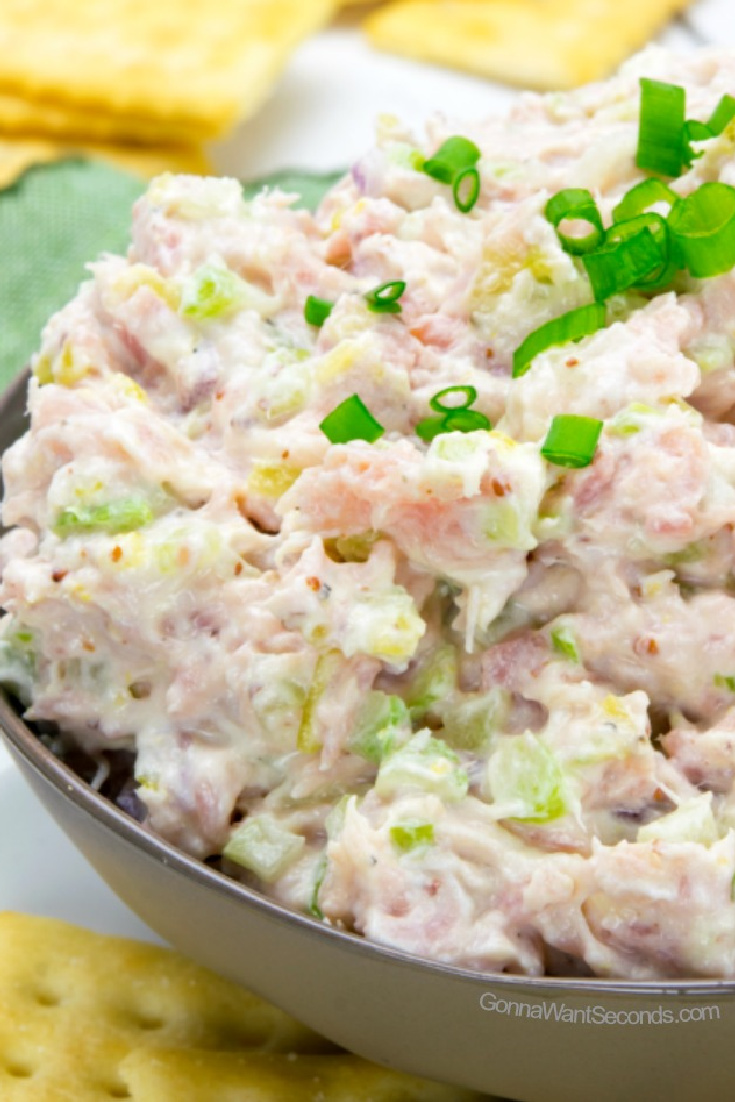 creamy ham salad in a shallow bowl