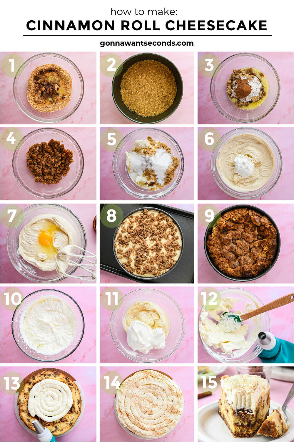 Cinnamon Roll Cheesecake has gooey cinnamon rolls, creamy cheesecake with buttery graham crust, cinnamon-swirl layers, and cream cheese frosting on top. #cinnamonroll #cinnamoncheesecake step by step how to make cinnamon roll cheesecake