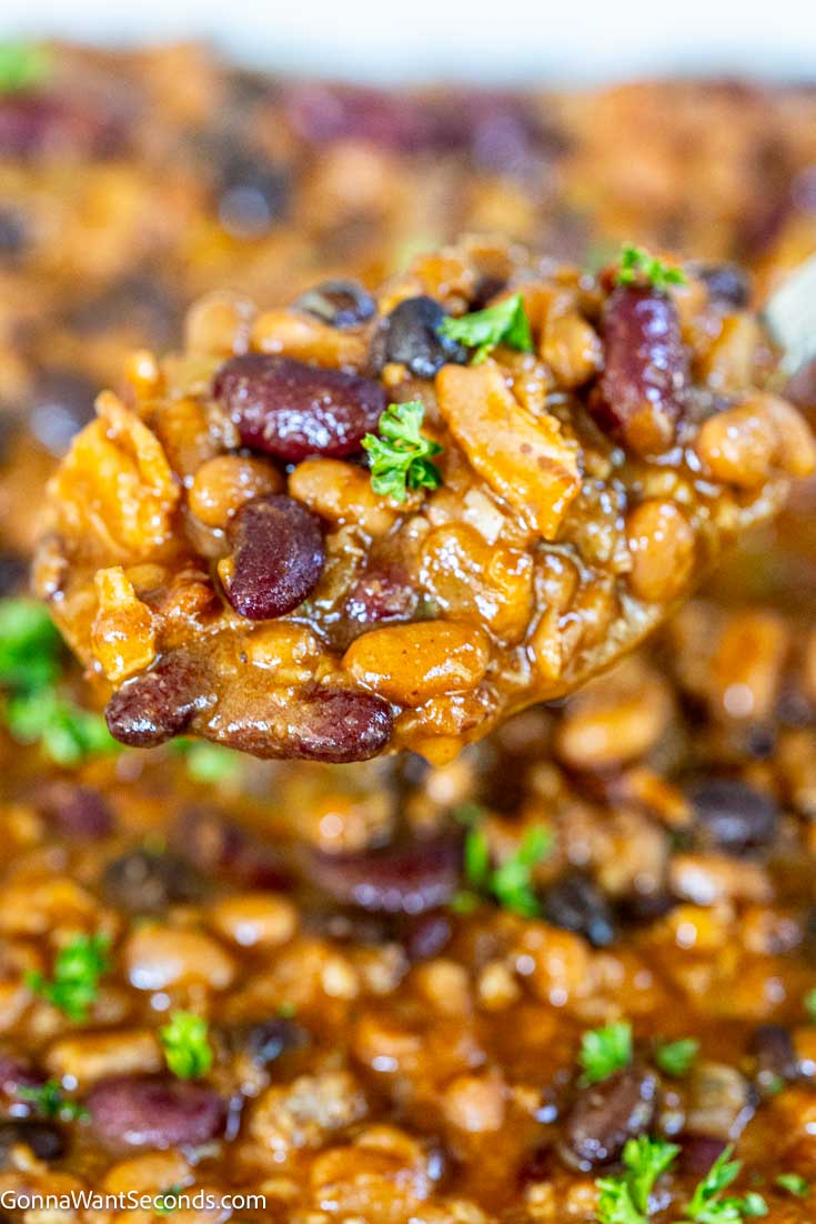 Cowboy baked beans are a hearty one-pot meal with earthy sweetness, savory pork sausage, and crispy bacon, perfect for family gatherings or potluck dinners. #bakedbeans #cowboybakedbeans ladle scooping old fashioned cowboy baked beans