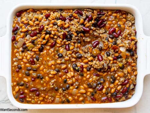 Step 6 how to make cowboy baked beans casserole, Pour into the baking dish. Cover with foil and bake for 1 and a half hours.