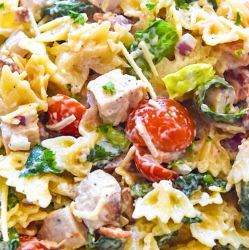 chicken caesar pasta salad close up