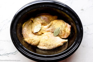 Step 1 how to make crockpot chicken and noodles, Arrange chicken breast in a single layer in the bottom of a large crockpot. Sprinkle the chicken with the seasonings.