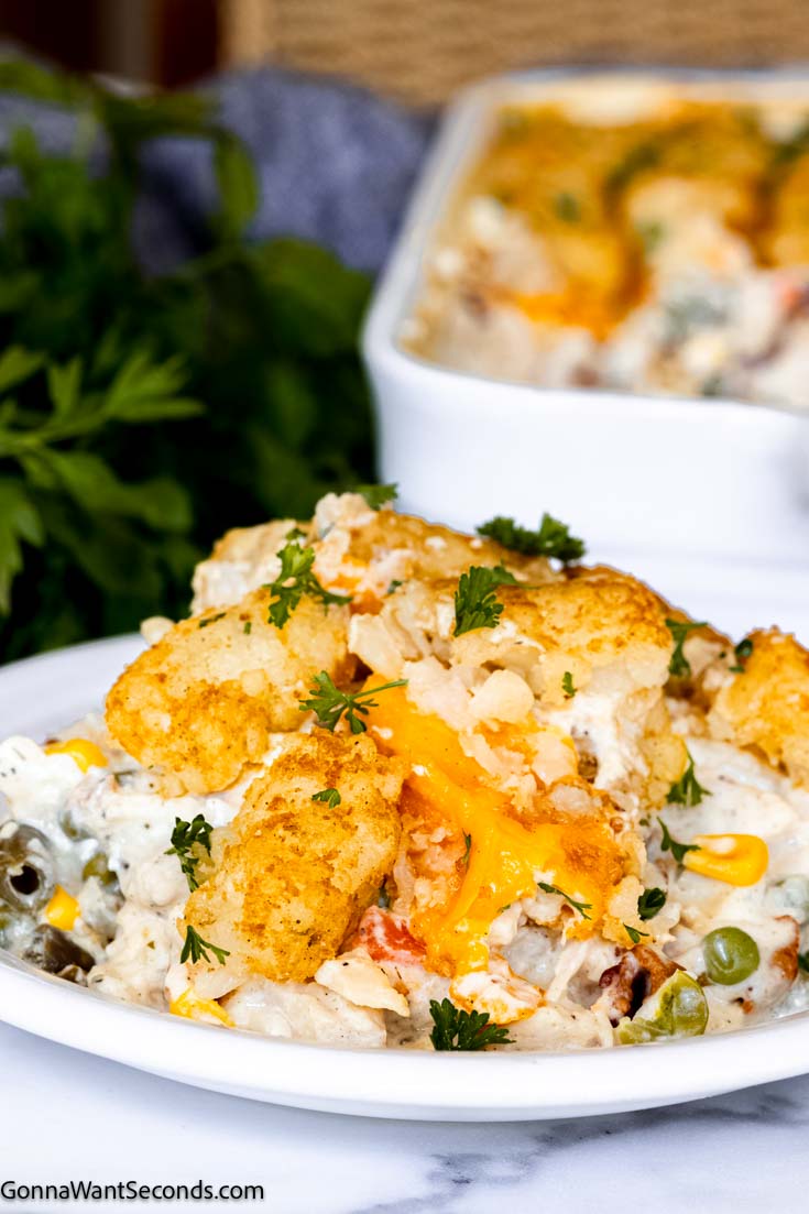 My cracked out chicken tater tot casserole is crazy good with creamy sauce mixed with bacon, chicken, and veggies, topped with cheese and crispy tater tots! #chickencasserole #tatertotcasserole cracked out tater tot breakfast casserole on a plate