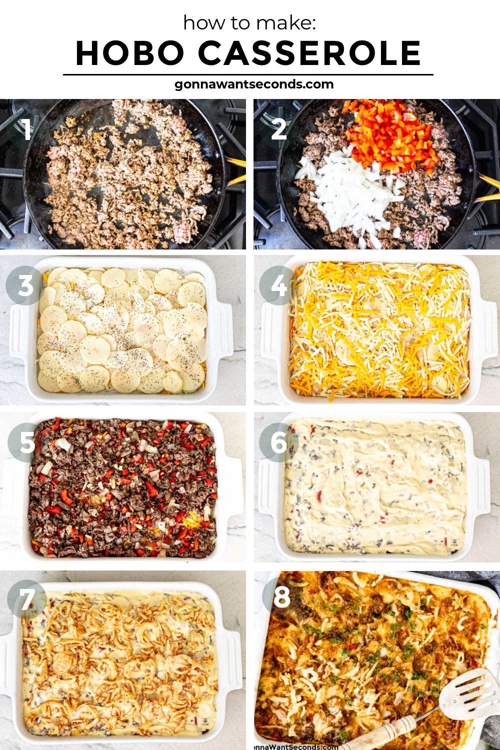 This comforting and hearty hobo casserole uses the layering of potatoes, cheese, spiced meat, and veggies, topped with a creamy savory gravy. #hobocasserole #beefpotatocasserole Step by step how to make hobo casserole