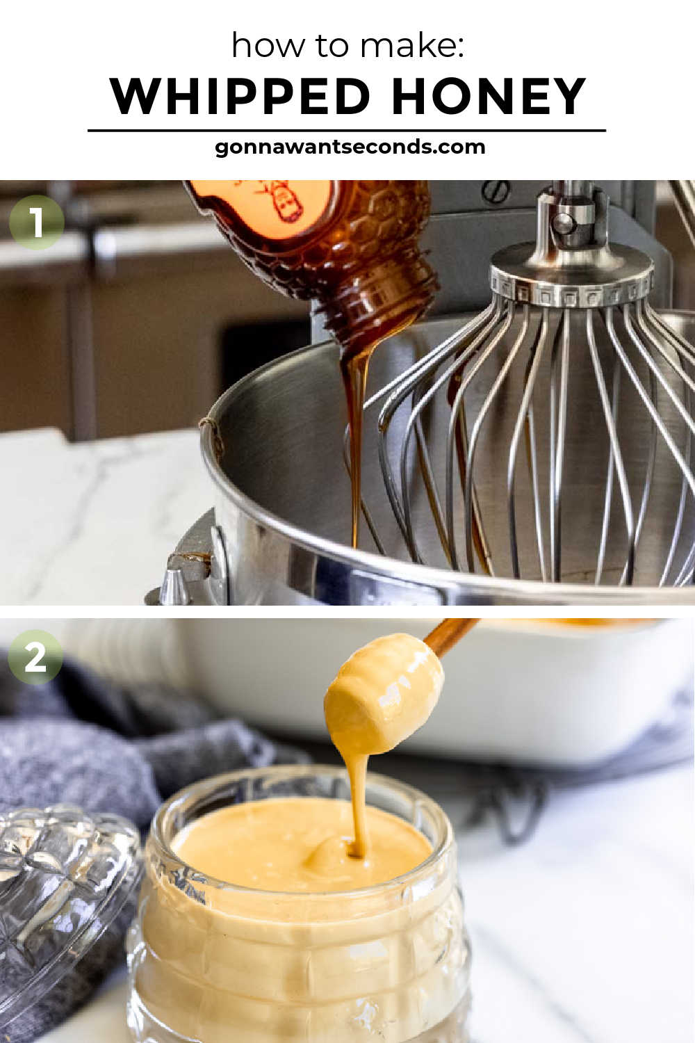 Whipped honey has a toffee-like texture that's soft-spreadable, making it a new way to enjoy cornbread, biscuits, and even plain toast! #whippedhoney #honey Step by step how to make whipped honey