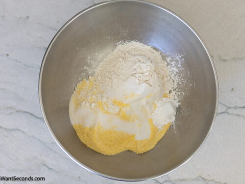 Step 1 how to make honey butter cornbread, Mix the dry ingredients.