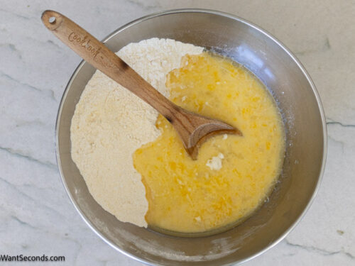 Step 4 how to make honey butter cornbread, Add the wet ingredients to the flour mixture.