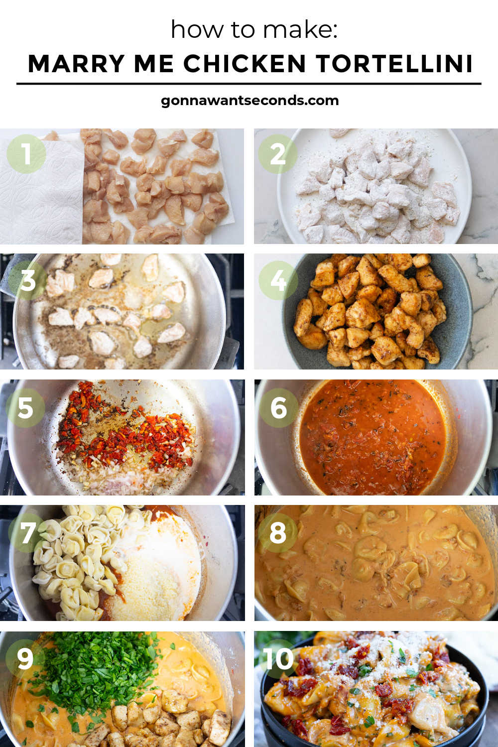 This marry me chicken tortellini has a creamy, garlicky, sun-dried tomato and spinach sauce packed with juicy breaded chicken and soft tortellini. #chickentortellini #marrymechicken step by step how to make marry me chicken tortellini in a bowl