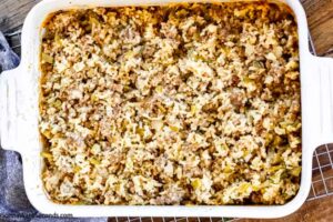 sausage rice cream of mushroom casserole top shot