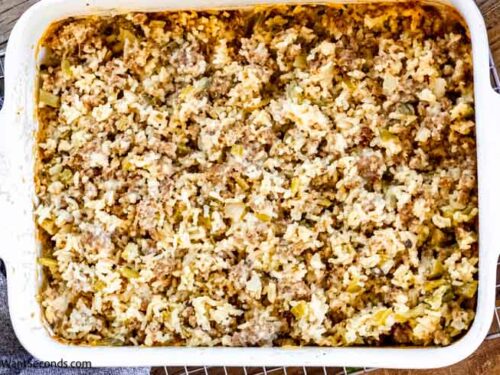 sausage rice cream of mushroom casserole top shot
