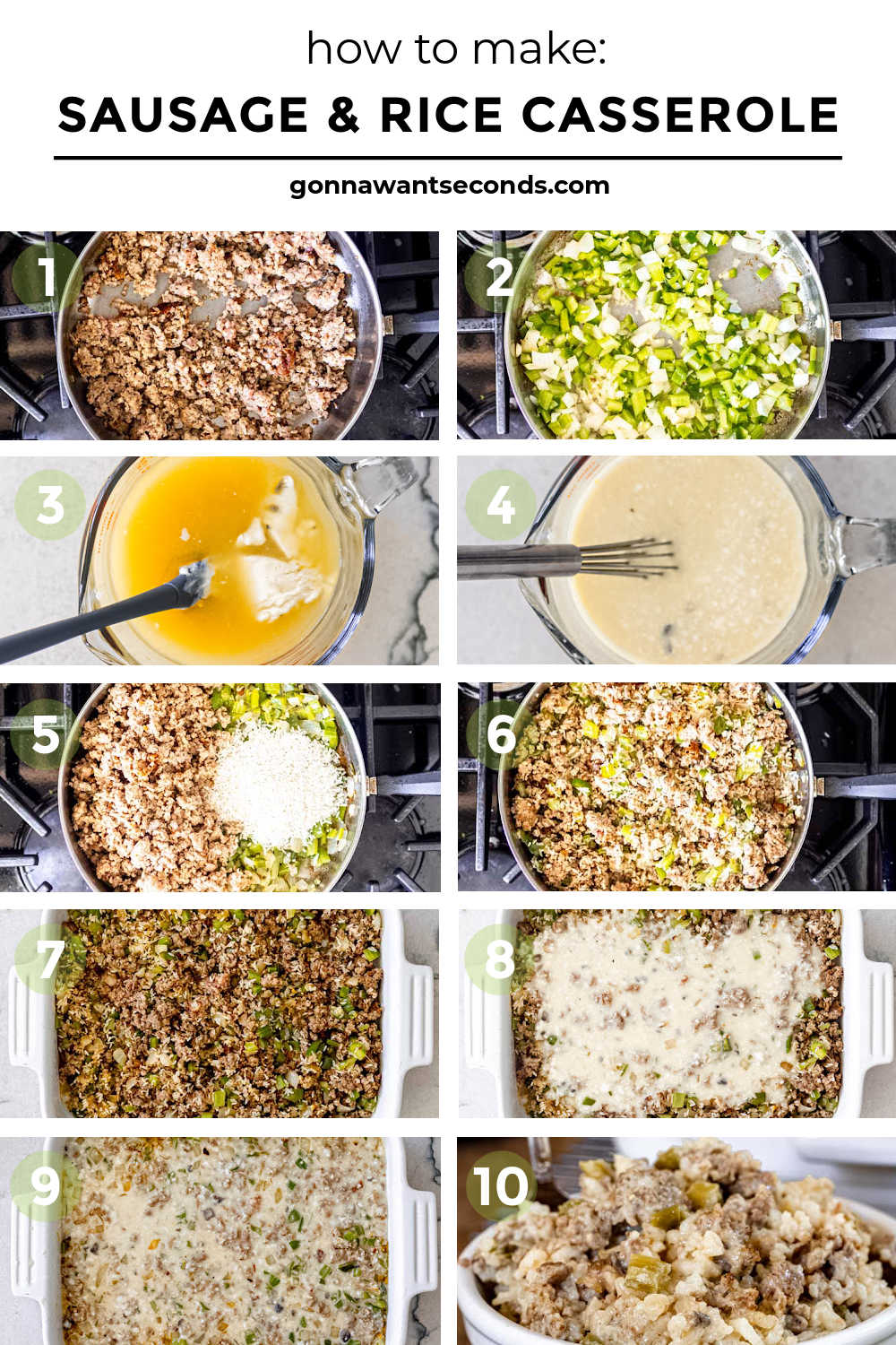 This quick and easy sausage and rice casserole has sausage, celery, onions, garlic, and rice all in a creamy chicken-based gravy. A perfect weeknight meal! #sausageandrice #sausageandricecasserole step by step how to make sausage and rice casserole