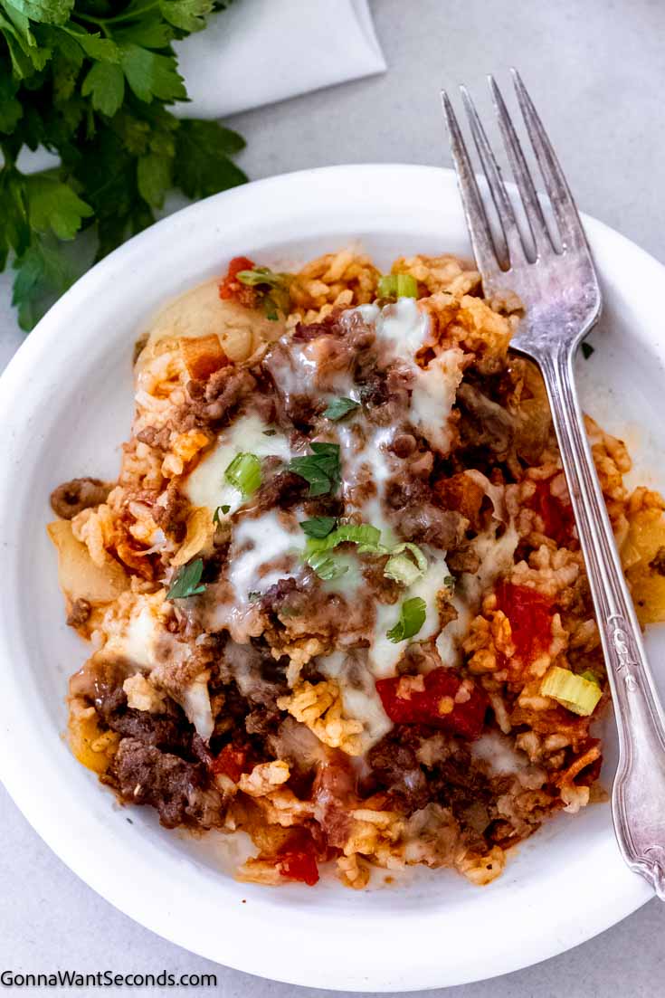 This shipwreck casserole is layered with rice, beef, potatoes, bacon, tomatoes, all covered with a beefed-up tomato soup broth and topped with cheese. #casseroles #shipwreckcasserole shipwreck casserole with potatoes and rice on a plate