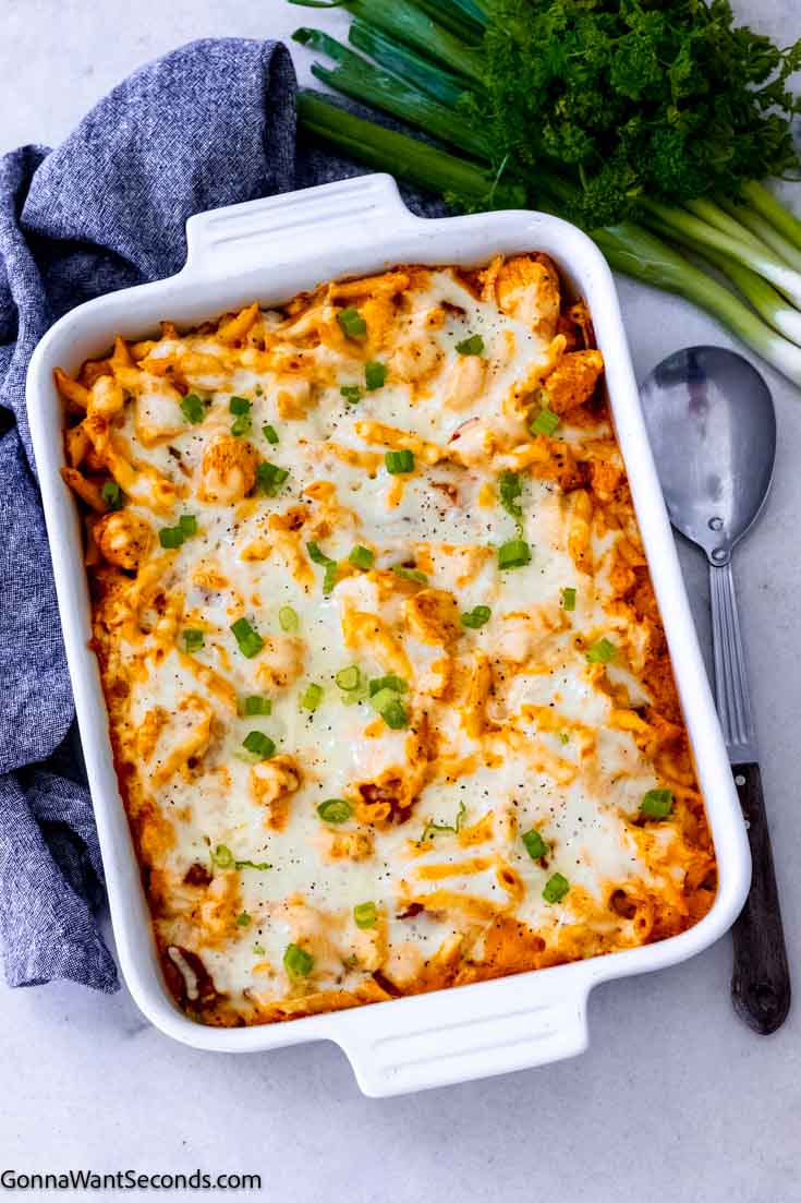 Our buffalo chicken casserole is perfect for those who enjoy buffalo wings with Ranch Dressing, offering a spicy and tangy flavor. #buffalochicken #chickencasserole buffalo chicken casserole top shot