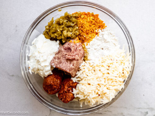 Step 1 how to make Doritos sausage balls, In a bowl, mix all the ingredients