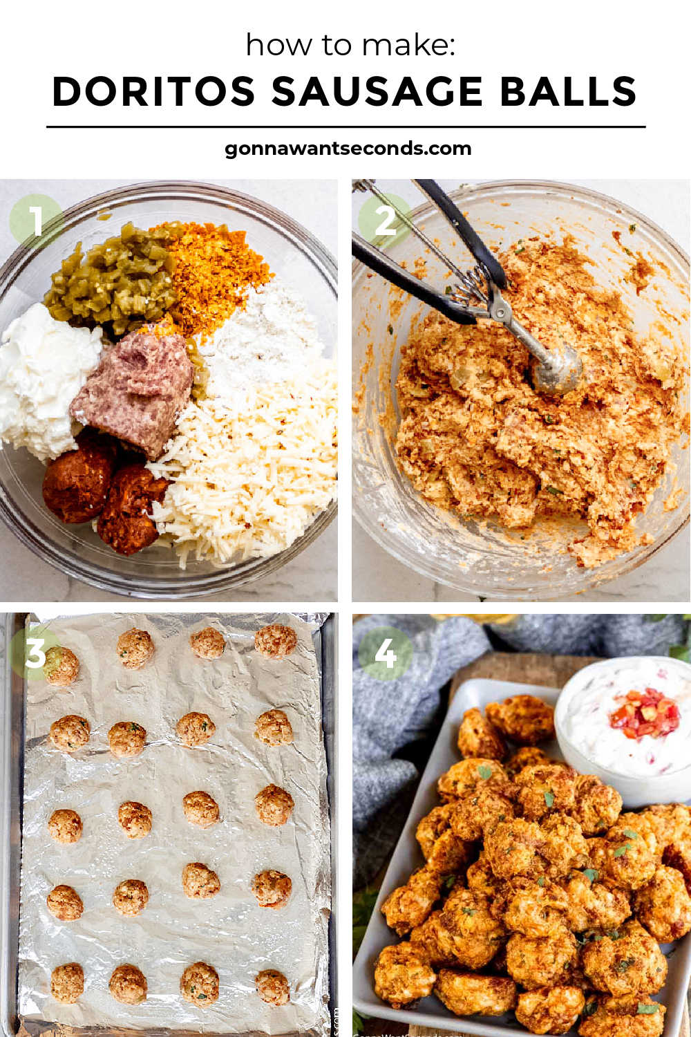 If you love sausage balls, you have to try our new Doritos sausage balls next! Sausage, nacho chips + Bisquick makes these perfectly delicious! #doritos #sausageballs Step by step how to make Doritos sausage balls