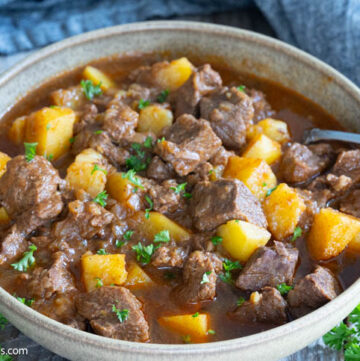 hungarian beef goulash in a shallow bowl