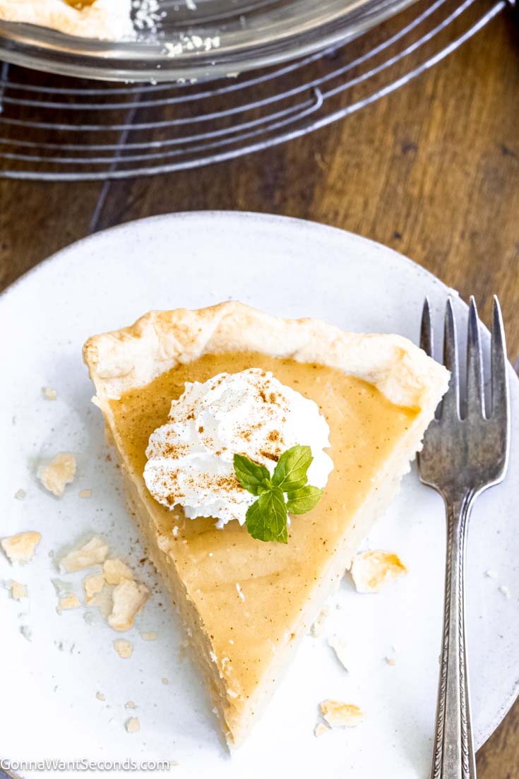 Sweet and creamy with a caramelized brown sugar taste, this butterscotch pie is an old-fashioned American recipe that brings back memories of my Grandma. #butterscotchpie #butterscotch a slice of brown butter butterscotch pie with whipped cream on top on a plate