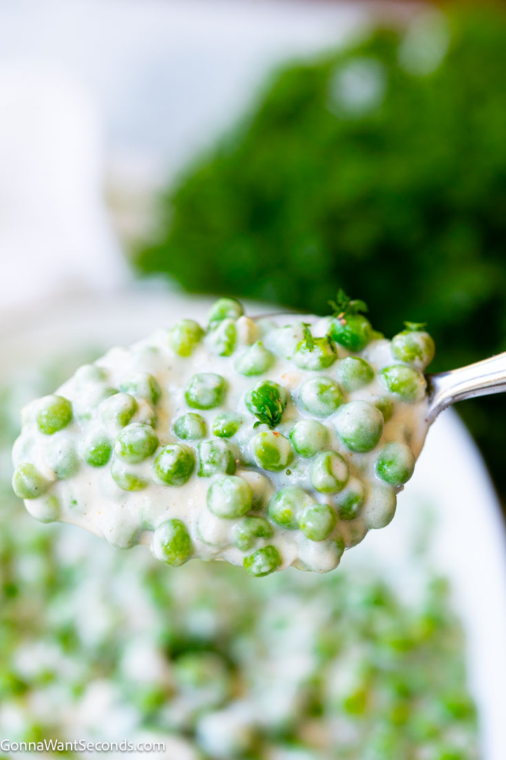 Creamed peas is the answer to boring plain veggies. With just a few basic ingredients and 15 minutes, it’s the perfect holiday side dish so save this recipe! #creamedpeas a spoonful of creamed peas with milk