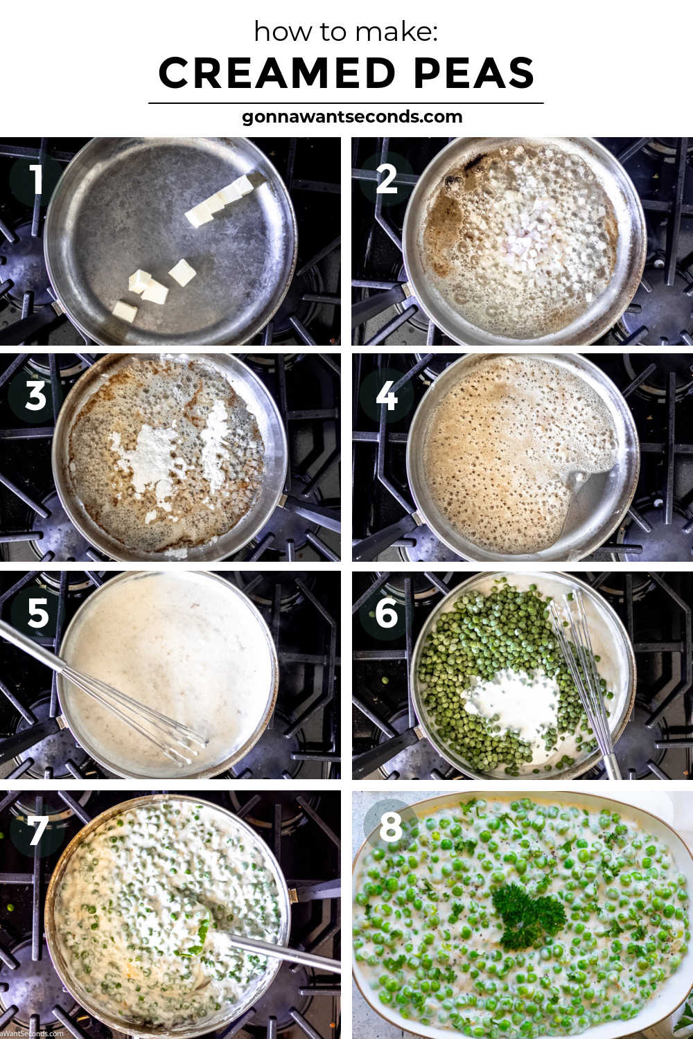 Creamed peas is the answer to boring plain veggies. With just a few basic ingredients and 15 minutes, it’s the perfect holiday side dish so save this recipe! #creamedpeas step by step how to make creamed peas