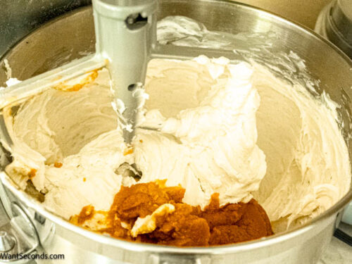 Step 7 how to make pumpkin cheesecake, Add pumpkin and beat until smooth.