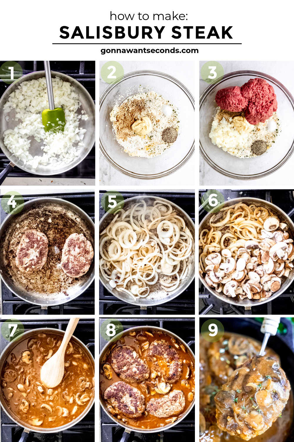 Our salisbury steak is melt-in-your-mouth tender, perfectly seasoned, then smothered in mushroom onion gravy. Just like Grandma's! #hamburgersteak #salisburysteak step by step how to make salisbury steak