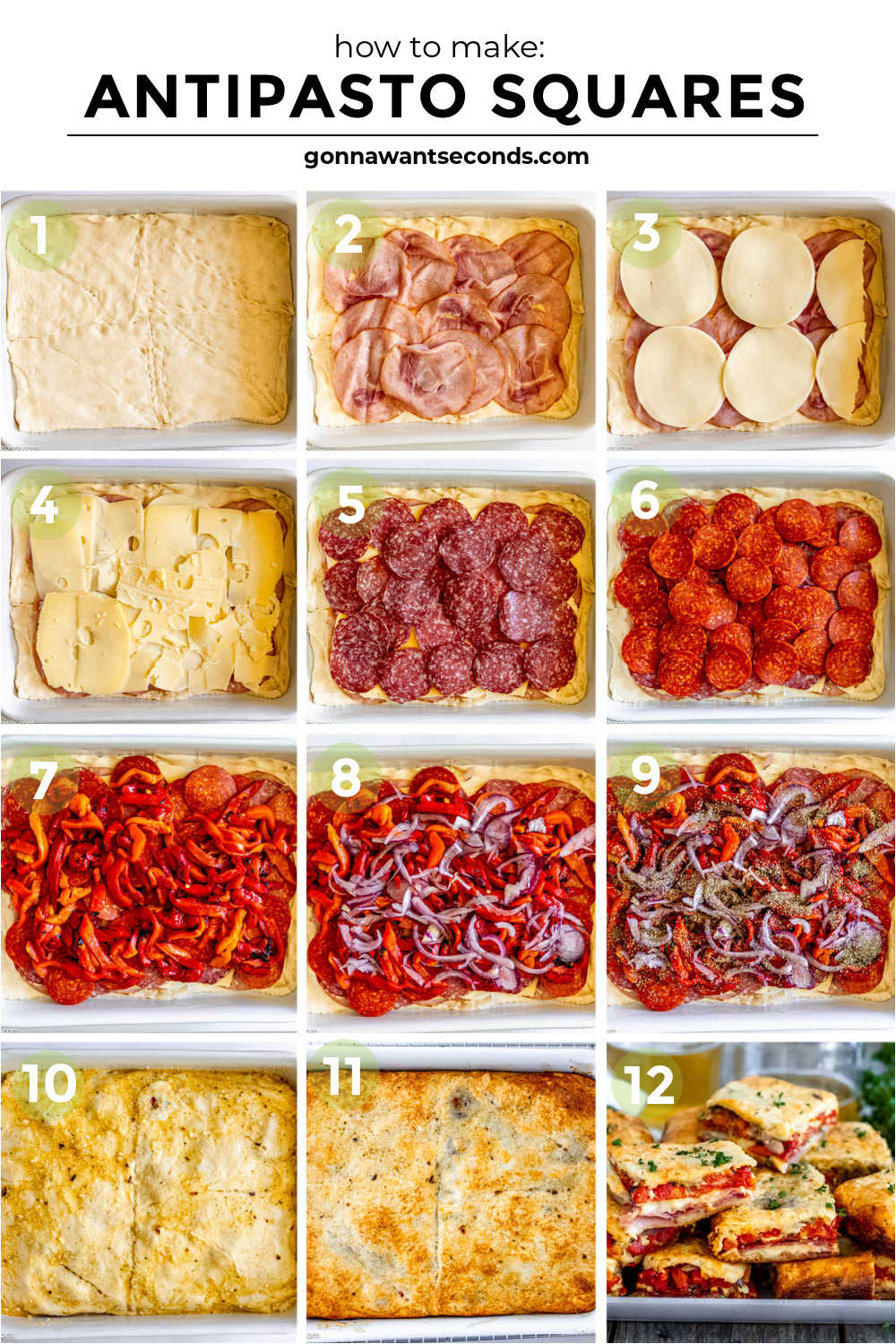 These antipasto squares are incredibly tasty to serve at a football party or any gathering. It has crispy dough, ham, salami, provolone, and Swiss cheese! #antipasto #antipastosquares step by step how to make antipasto squares