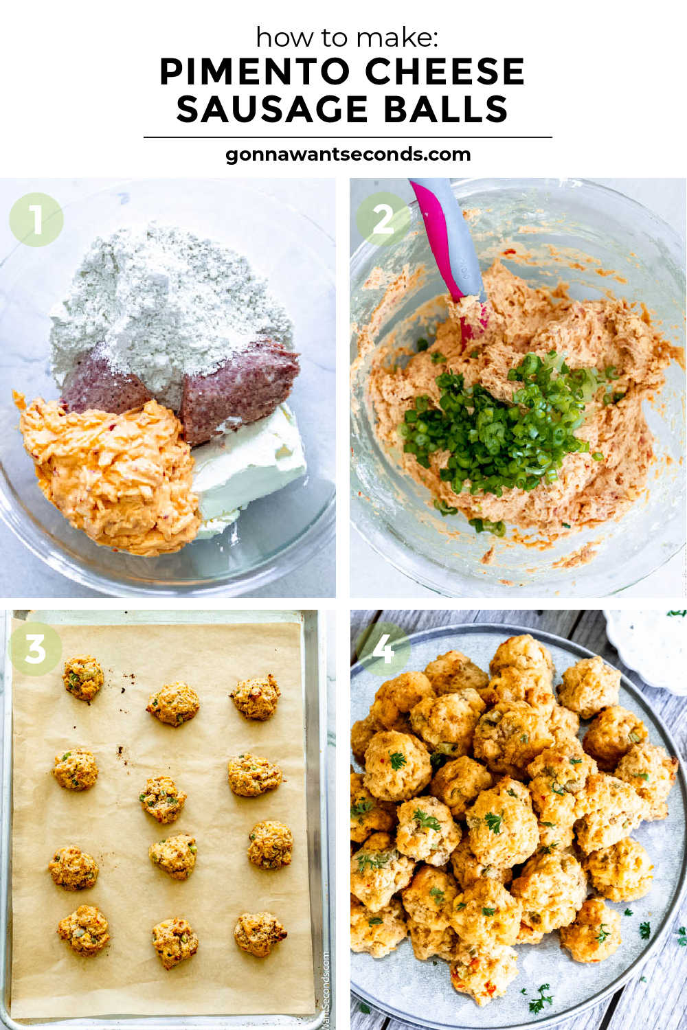 These moist and savory pimento cheese sausage balls are one of my favorites because these little appetizers are crispy on the outside and moist on the inside. #sausageballs #pimentocheese step by step how to make pimento cheese sausage balls