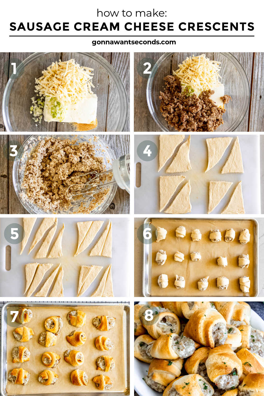 If you are craving an appetizer that is fast and easy to make, this sausage cream cheese crescents fill the bill! These savory bites are baked crescent rolls filled with a cheesy sausage filling. #appetizers #sausagecreamcheesecrescents step by step how to make sausage cream cheese crescents