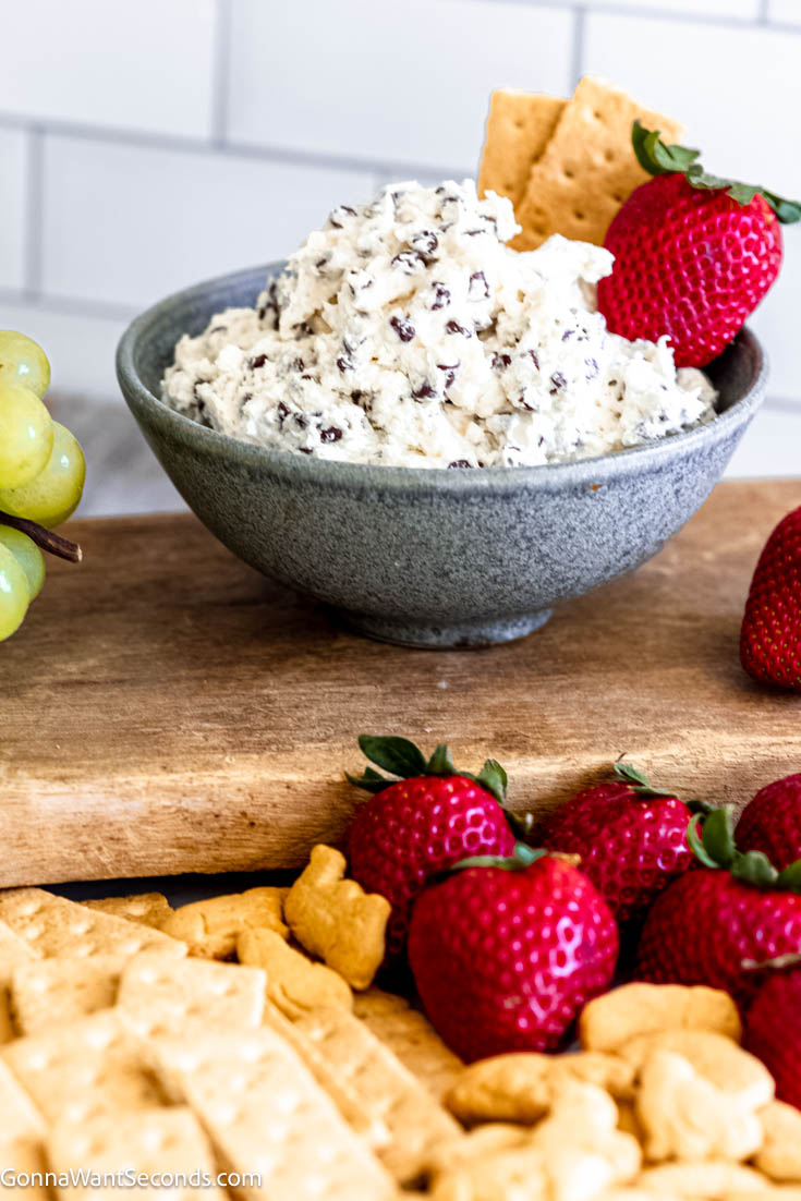 Booty dip is a sweet and creamy no-bake dip. This delicious dessert dip is made with cream cheese, marshmallow fluff, Cool Whip, and mini chocolate chips. #dessertdip #bootydip Booty dip with cream cheese in a bowl with crackers and fruits on the side