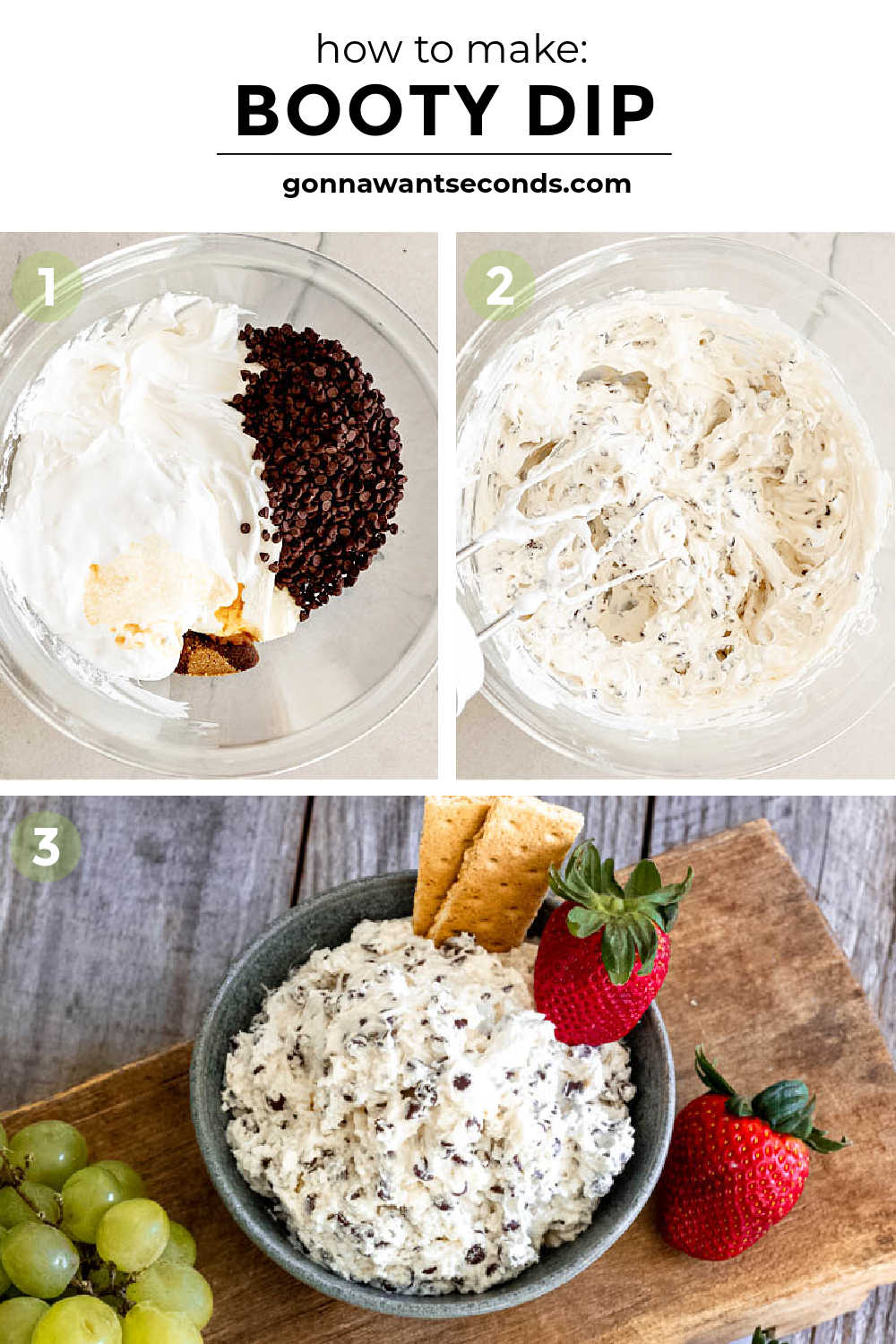 Booty dip is a sweet and creamy no-bake dip. This delicious dessert dip is made with cream cheese, marshmallow fluff, Cool Whip, and mini chocolate chips. #dessertdip #bootydip Step by step how to make Booty dip