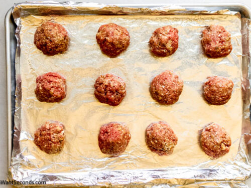 Step 3 how to make Mississippi meatballs with beef broth, Form the mixture into meatballs. Arrange it on a baking sheet and bake.