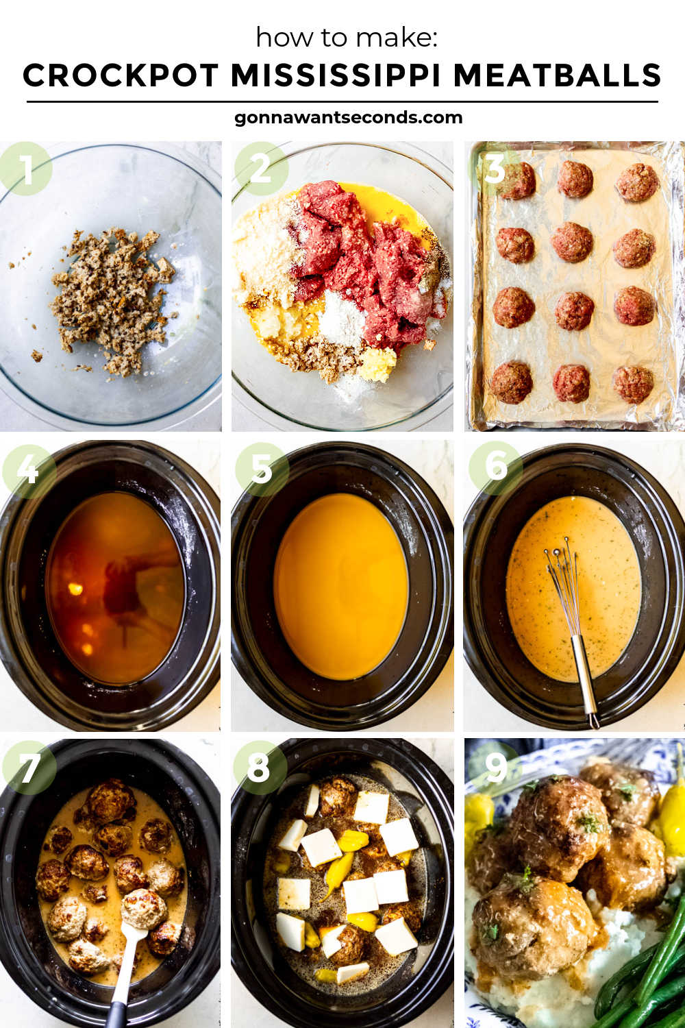 Our Crockpot Mississippi meatballs follow the delicious Mississippi recipes tradition. Moist tender meatballs in a brothy gravy flavored with pepperoncini, ranch dressing and au jus gravy. #crockpotmeatballs #mississippimeatballs step by step how to make Crockpot Mississippi Meatballs