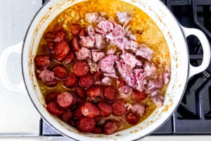 Step 9 how to make pinto bean soup, Return ham meat to soup pot. Remove and discard bay leaves.