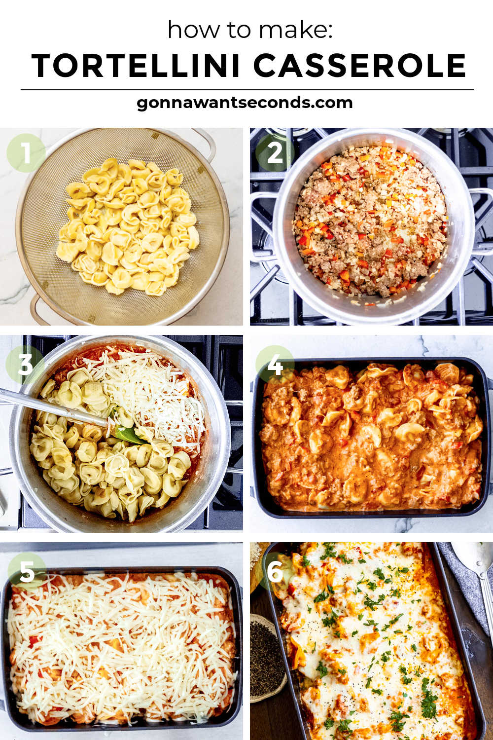 This quick and heart-warming Tortellini casserole is loaded with onions, bell peppers, Italian sausage, and tortellini in creamy tomato sauce. #tortellinicasserole #pastacasserole step by step how to make tortellini casserole