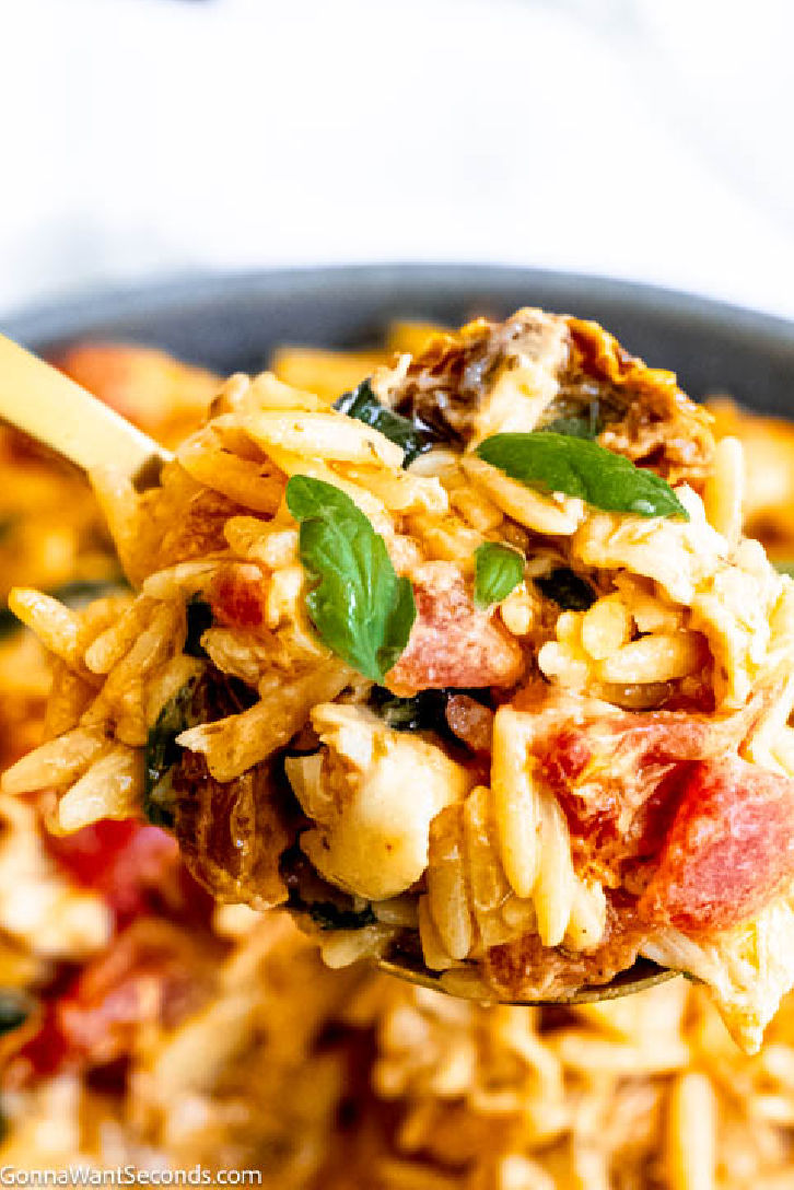 Marry me chicken orzo is packed with bursts of flavor like sundried tomatoes, garlic, parmesan, and fresh basil. It's a one-pan 30-minute meal! #marrymechicken #chickenorzo scooping marry me creamy chicken orzo
