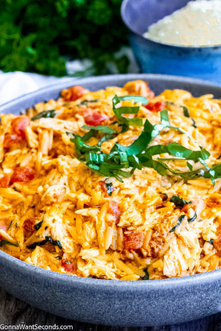 Marry me chicken orzo is packed with bursts of flavor like sundried tomatoes, garlic, parmesan, and fresh basil. It's a one-pan 30-minute meal! #marrymechicken #chickenorzo one pan marry me chicken orzo with chopped basil on top