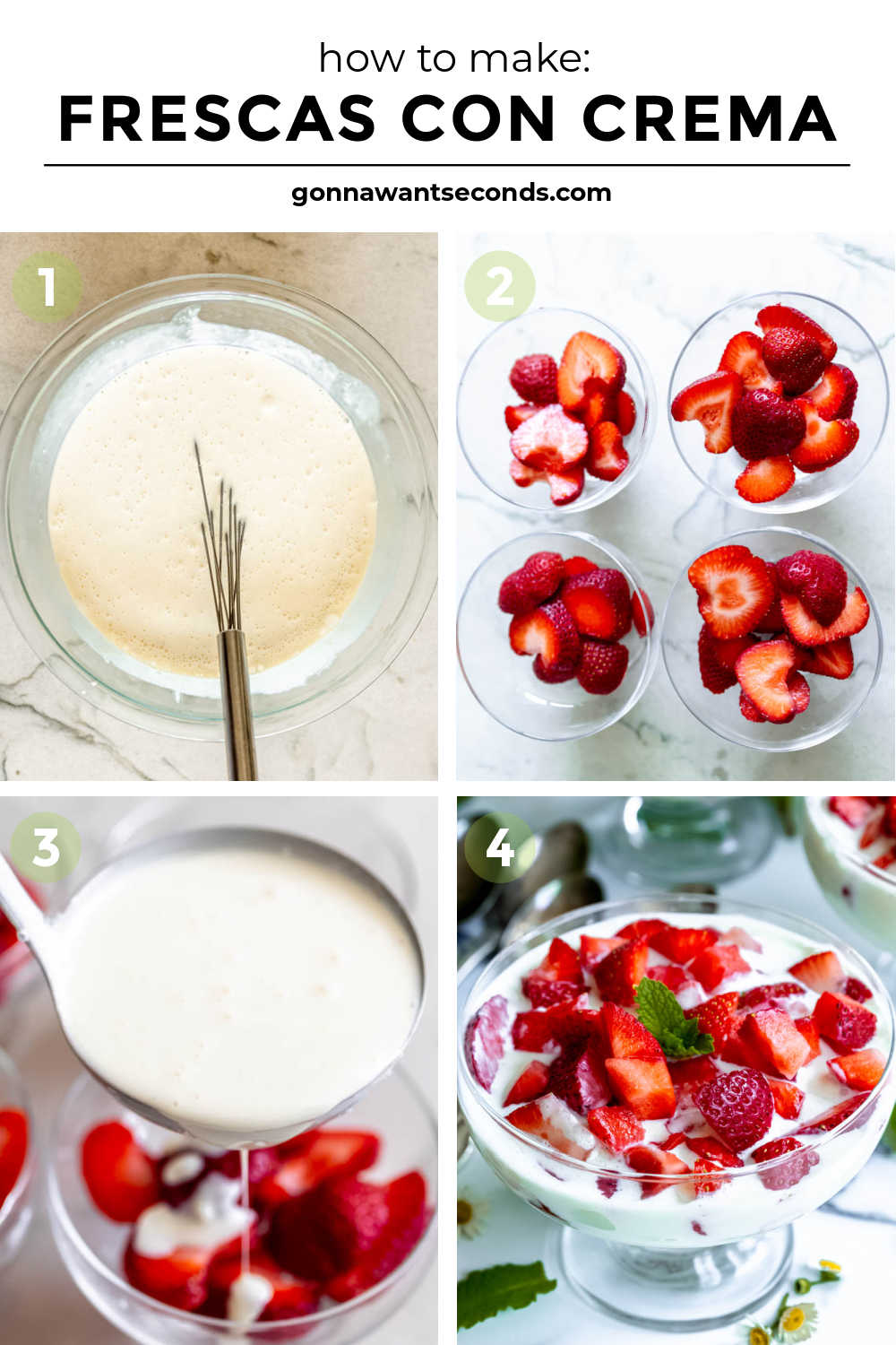This frescas con crema just may become your new favorite breakfast, snack, or dessert. Sweet, juicy strawberries are bathed in a rich, sweet, and very mildly tangy sauce! #strawberries #frescasconcrema Step by step how to make frescas con crema