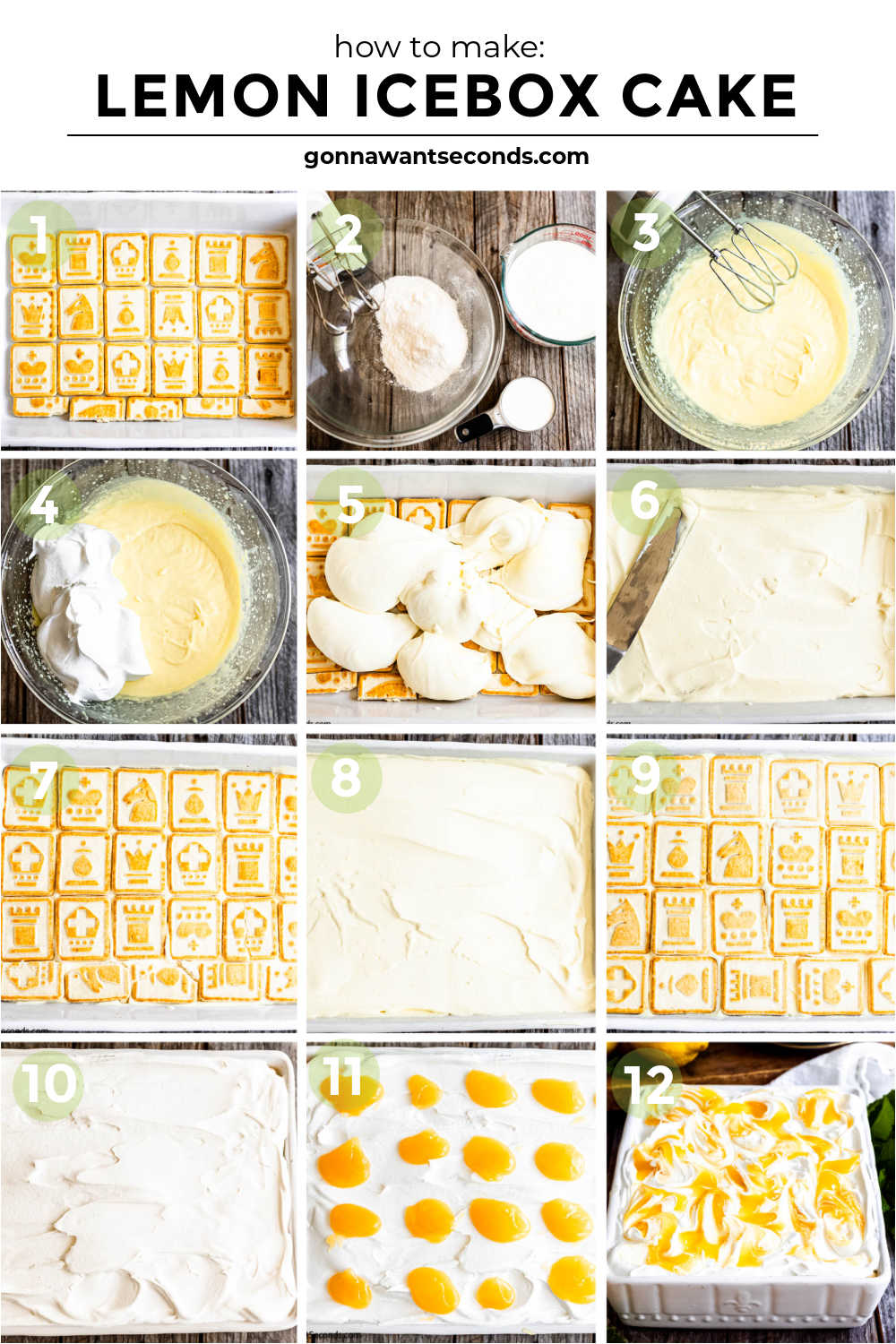 This no-bake lemon icebox cake has layers of Chessman cookies, creamy lemon pudding, and whipped topping. It's a refreshing dessert for summer gatherings. #lemoniceboxcake #iceboxcake Step by step how to make lemon icebox cake