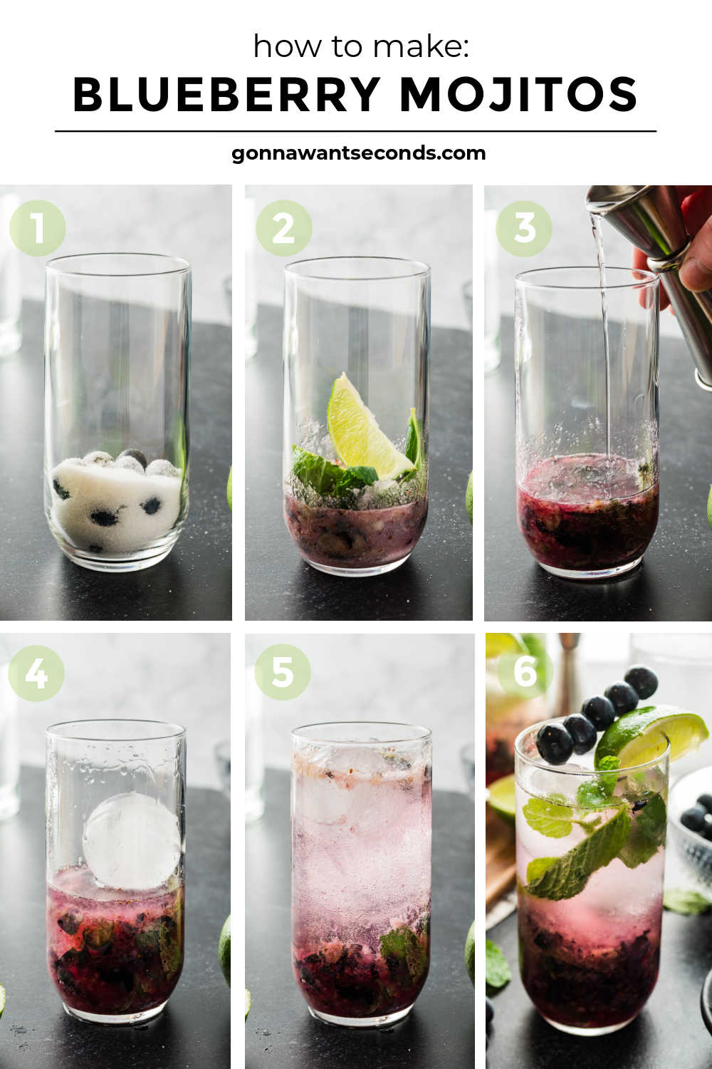 These blueberry mojitos are an amazing white rum cocktail, perfect for summertime sipping. Quick and easy to make with refreshing ingredients! #mojitos #cocktails Step by step how to make blueberry mojitos