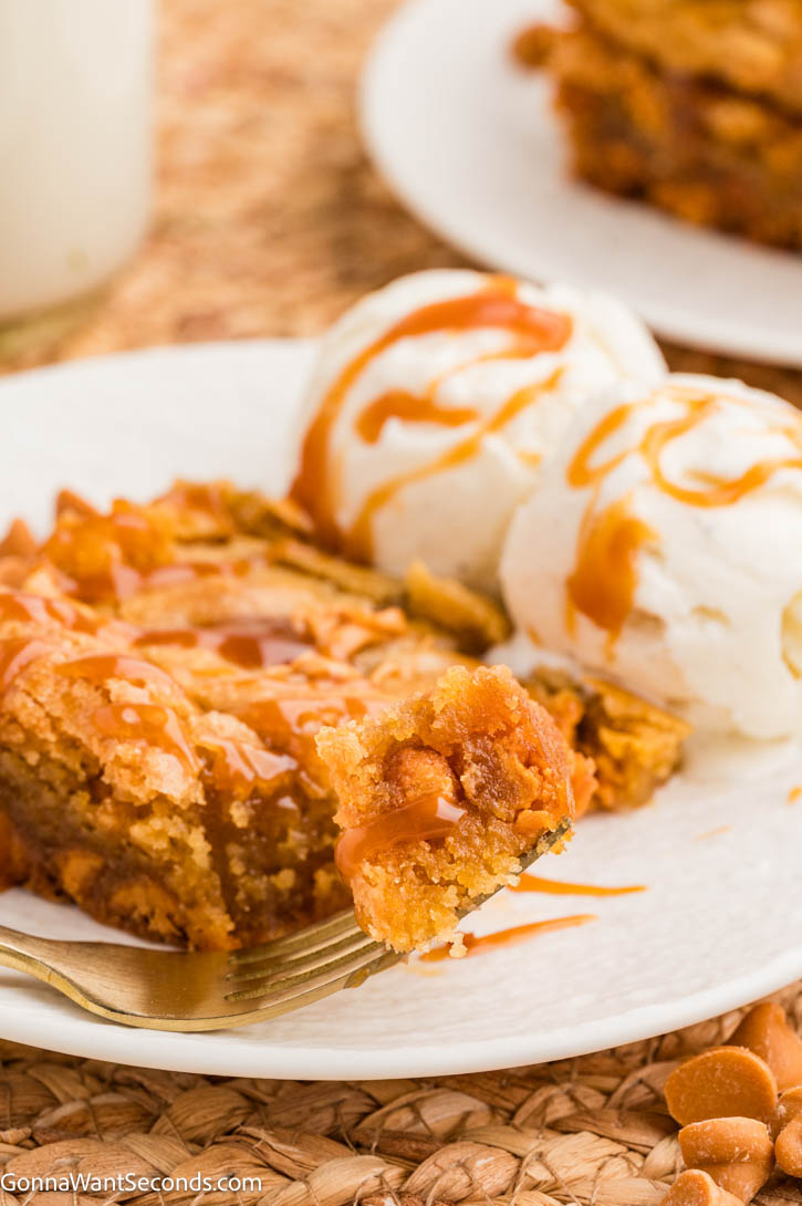 These butterscotch bars are a one-bowl dessert with ingredients you likely already have on hand. Quick to prepare and delicious to serve at the end of any meal. #butterscotch #butterscotchbars a slice of butterscotch bars with vanilla ice cream on the side