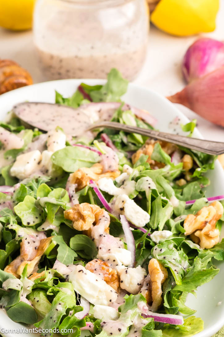 Our homemade poppy seed dressing will make any salad you make so delicious! It's the perfect balance between sweet and tangy. You can whip this up in a minute! #saladdressing #poppyseed poppyseed dressing drizzled over a salad