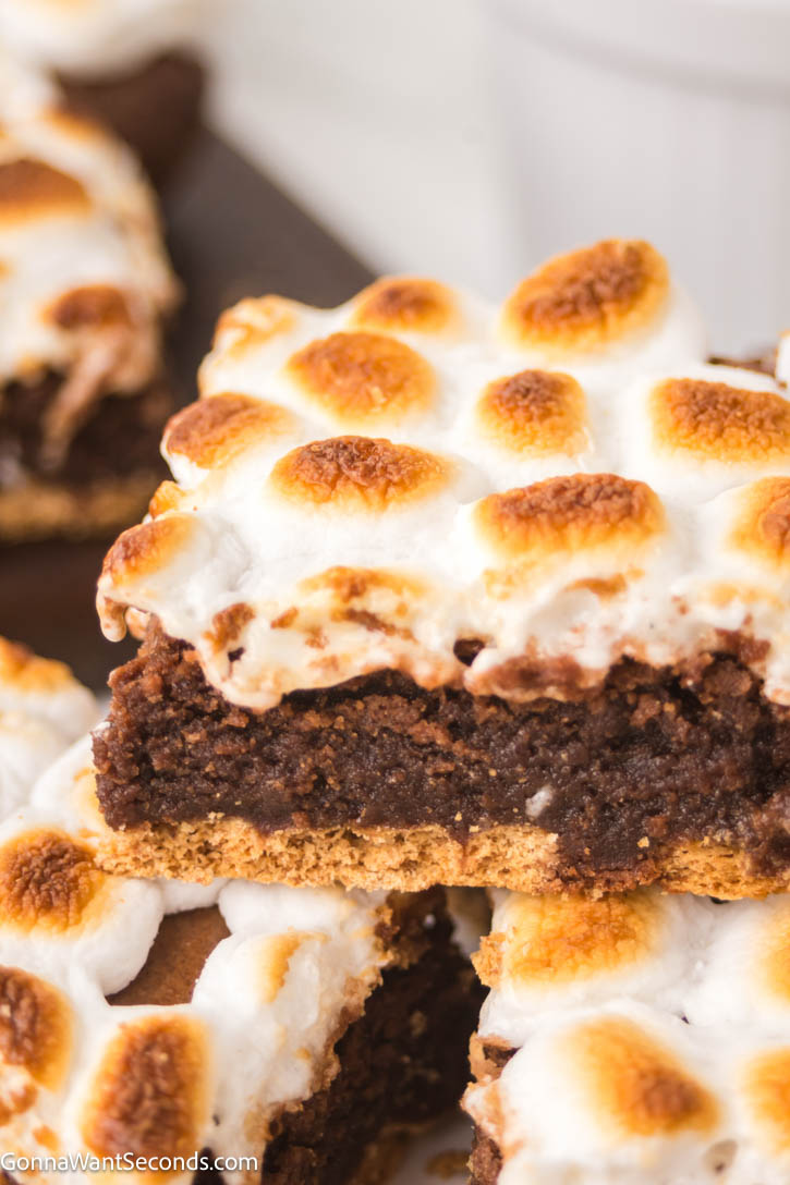 This s'mores brownies has a rich, fudgy brownie base enveloped by a crunchy graham cracker crust, topped off with a layer of ooey-gooey melted marshmallows. #smores #brownies a slice of s'mores brownies, close up