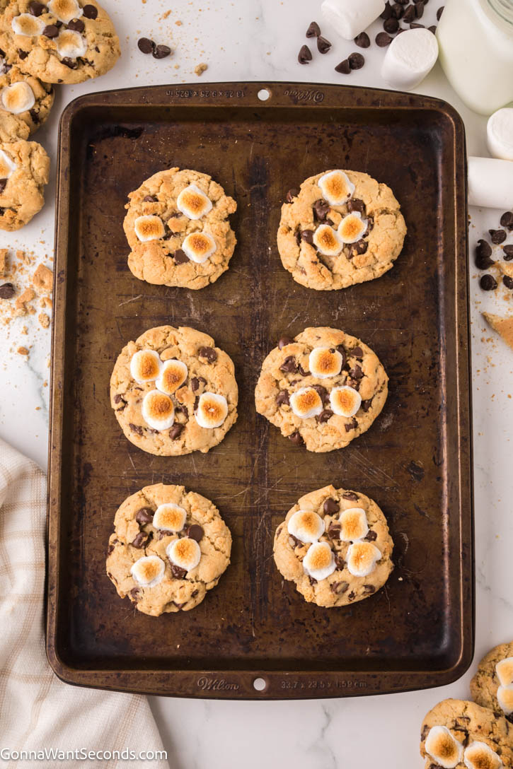 These S'mores cookies are the ultimate treat, combining the campfire favorite of classic s'mores with the gooey goodness of freshly baked cookies. #smores #cookies S'mores Cookies on a baking sheet