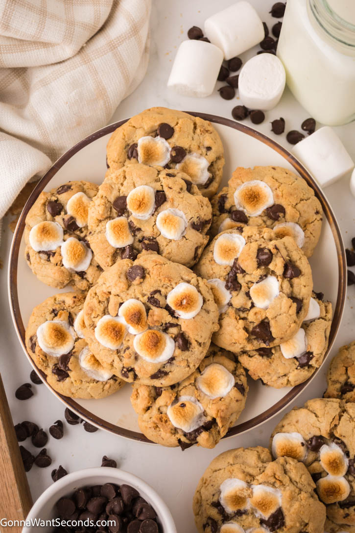These S'mores cookies are the ultimate treat, combining the campfire favorite of classic s'mores with the gooey goodness of freshly baked cookies. #smores #cookies a pile of S'mores Cookies on a big plate