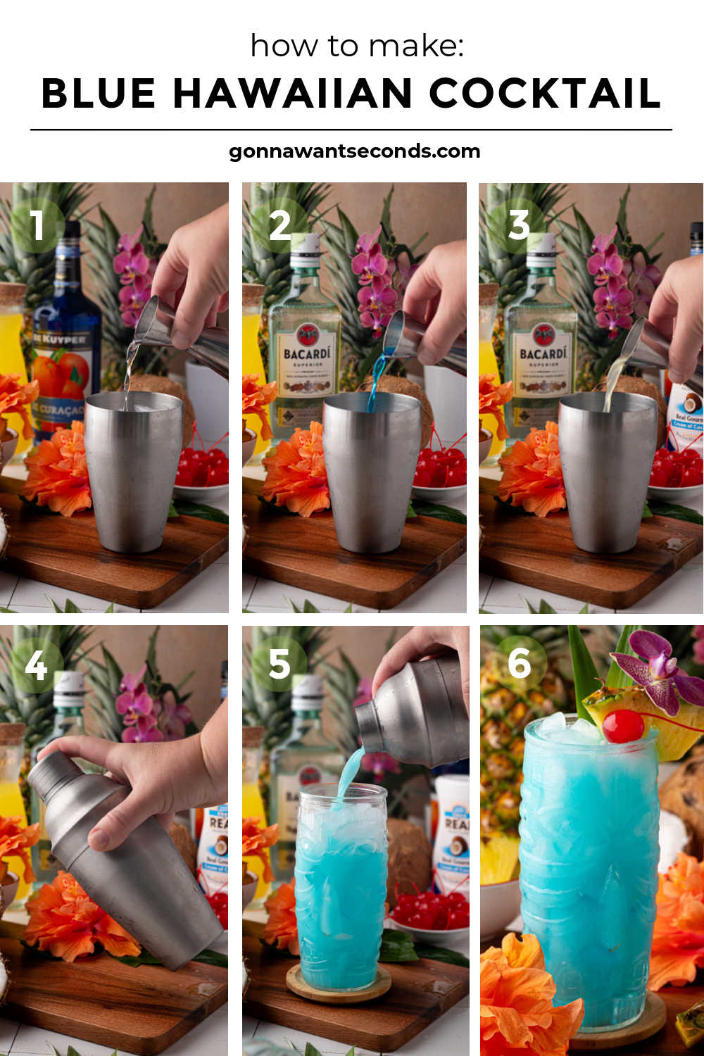 The blue Hawaiian cocktail, a tropical classic with a bright ocean-blue color, creamy coconut, and sweet pineapple flavor, is a delightful vacation in a glass. #bluehawaiiancocktails #cocktails Step by step how to make Blue Hawaiian Cocktail