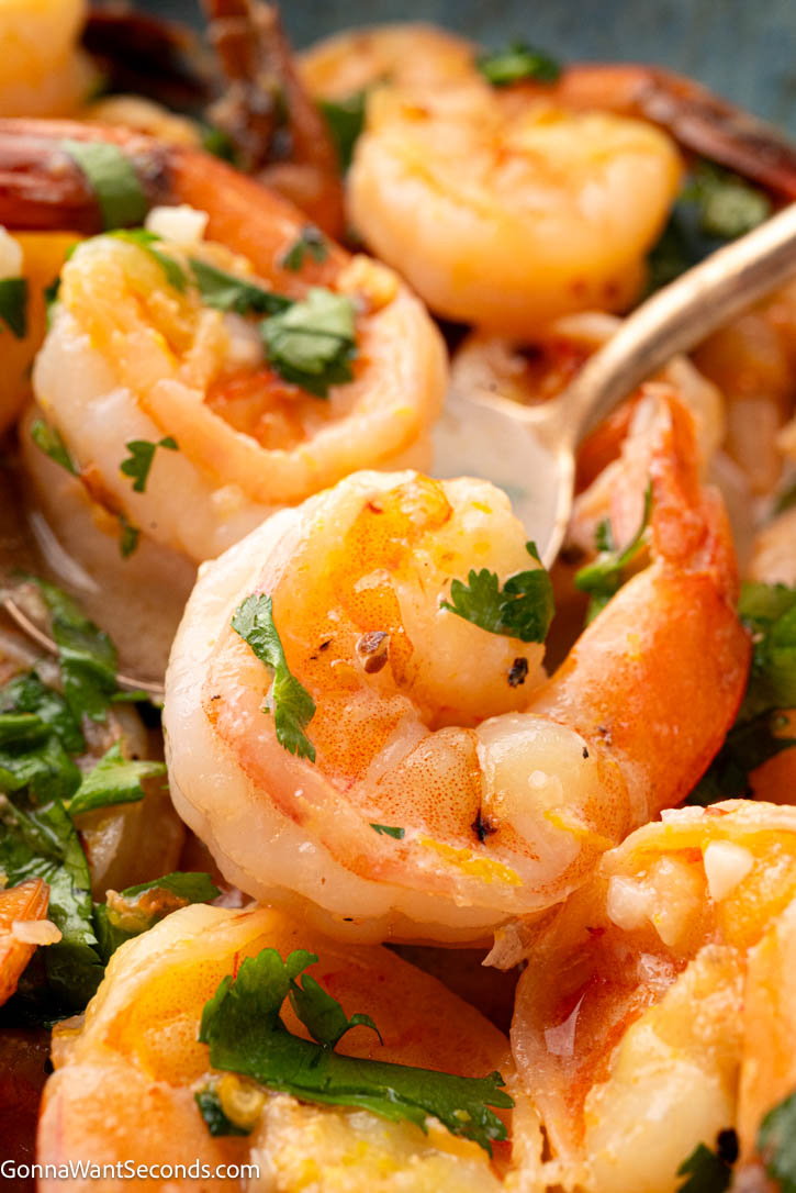 This easy garlic shrimp recipe is ready in 30 minutes! Juicy shrimp, lemon, garlic, and a buttery skillet sauce make the perfect weeknight dinner. #garlicshrimp #shrimp garlic shrimp close up