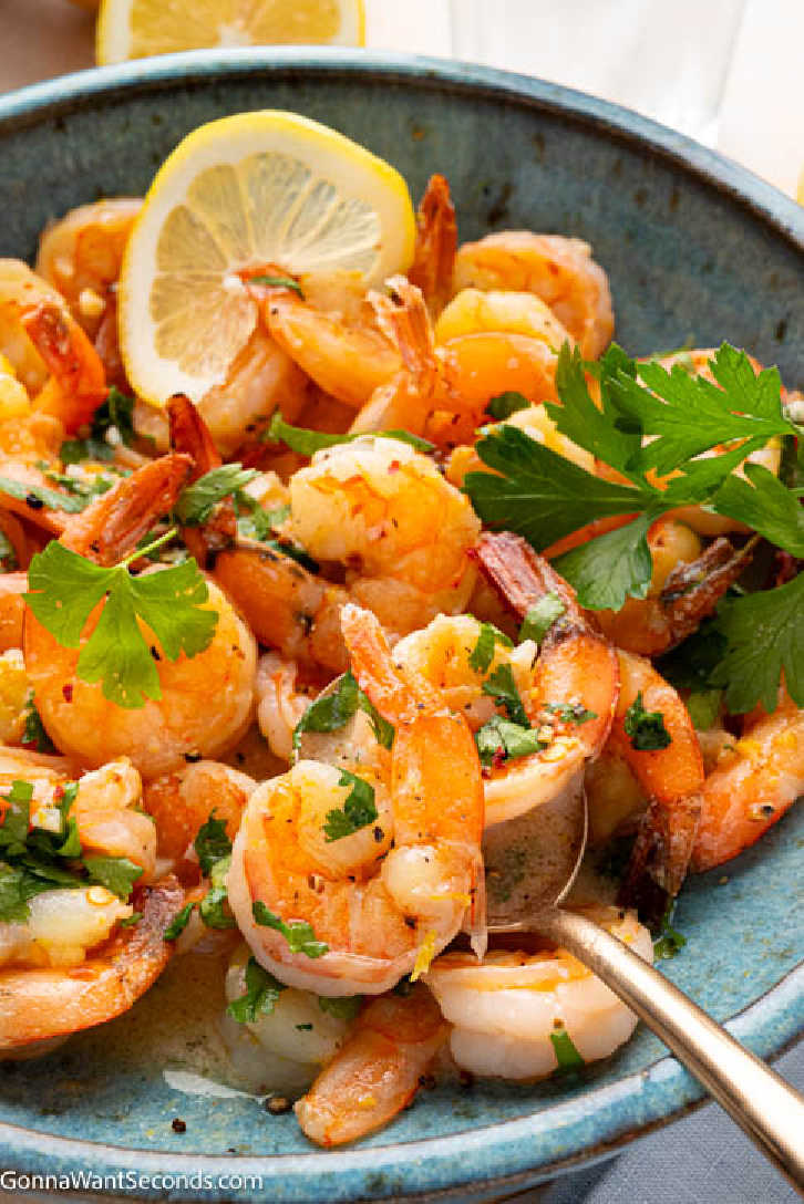 This easy garlic shrimp recipe is ready in 30 minutes! Juicy shrimp, lemon, garlic, and a buttery skillet sauce make the perfect weeknight dinner. #garlicshrimp #shrimp garlic shrimp on a plate