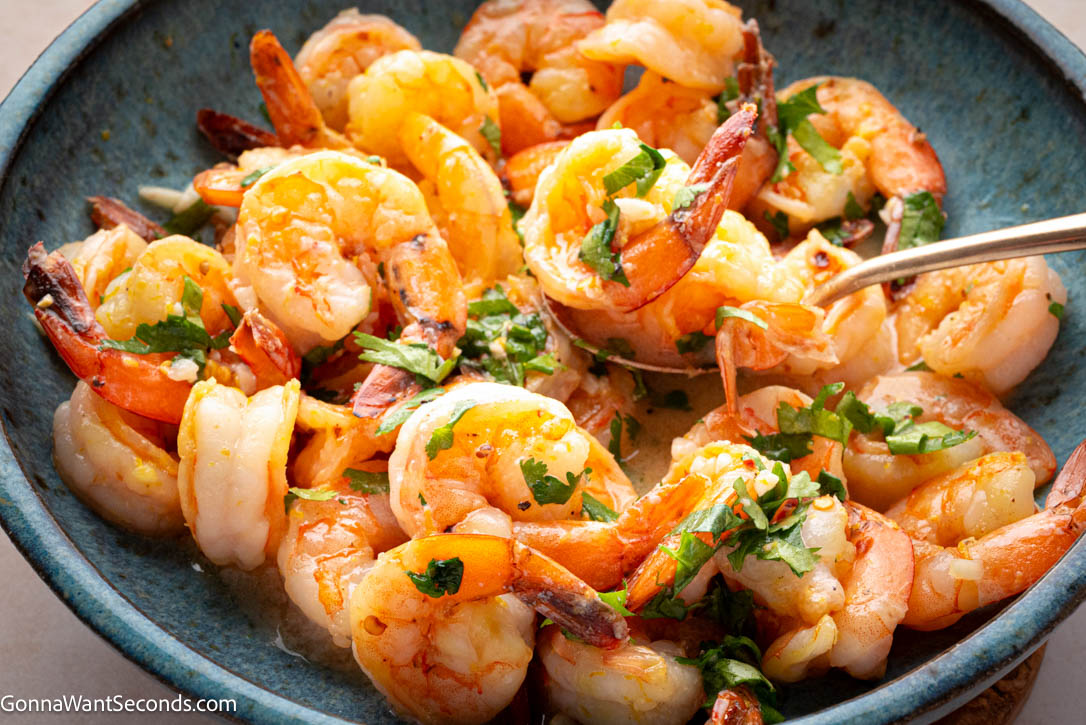 This easy garlic shrimp recipe is ready in 30 minutes! Juicy shrimp, lemon, garlic, and a buttery skillet sauce make the perfect weeknight dinner. #garlicshrimp #shrimp garlic butter shrimp on a plate